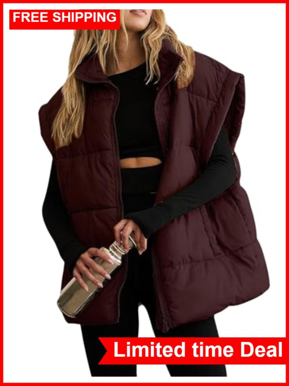 Womens Quilted Puffer Vest Zip Up Padded Gilet Coat with Pockets